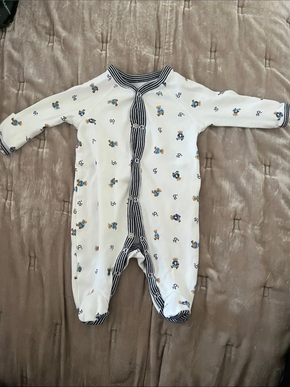 Ralph Lauren White and Navy Baby One-Piece with Bear Print